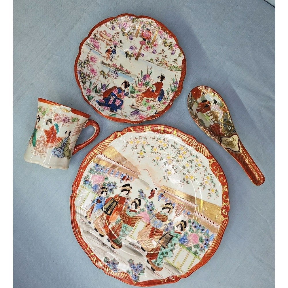 Vintage Satsuma Tea Set Japan Dessert Plate with Spoon Hand Painted